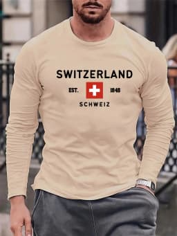 100% Pure Cotton Men's Long Sleeved Round Neck Loose Switzerland Pattern Printed Spring and Autumn Casual Versatile T-Shirt Top