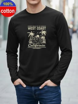 100% Pure Cotton Men's Long Sleeved Round Neck Loose Switzerland Pattern Printed Spring and Autumn Casual Versatile T-Shirt Top