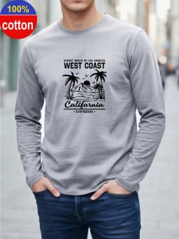 100% Pure Cotton Men's Long Sleeved Round Neck Loose Switzerland Pattern Printed Spring and Autumn Casual Versatile T-Shirt Top
