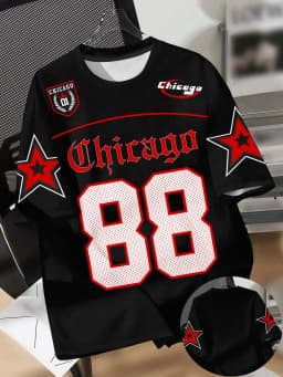Summer 2025 New Men's T-Shirt, Casual Round-Neck T-Shirt, Chicago Letter Print Pattern Polyester Pullover, Summer Daily Outdoor