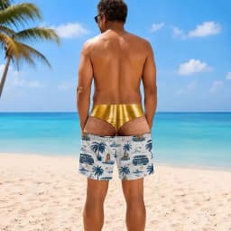 Men Funny Fake Two Piece Boardshorts Optical Illusion Thong Print Beach Shorts Novelty Hilarious Swim Trunks for Summer Holiday