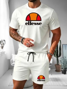 Ellesse Men's Summer Casual Sports Set Short Sleeve T-Shirt + Shorts Two-Piece Trendy Print Breathable Quick-Dry Fitness Wear