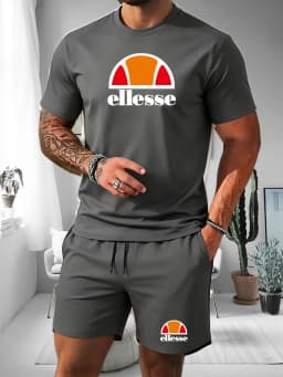 Ellesse Men's Summer Casual Sports Set Short Sleeve T-Shirt + Shorts Two-Piece Trendy Print Breathable Quick-Dry Fitness Wear