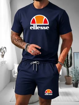 Ellesse Men's Summer Casual Sports Set Short Sleeve T-Shirt + Shorts Two-Piece Trendy Print Breathable Quick-Dry Fitness Wear
