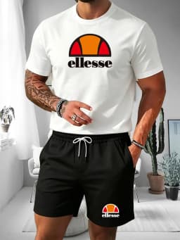 Ellesse Men's Summer Casual Sports Set Short Sleeve T-Shirt + Shorts Two-Piece Trendy Print Breathable Quick-Dry Fitness Wear
