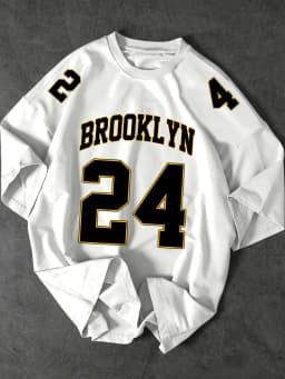 Men's American Retro Brooklyn 24 Printed T-Shirt, Loose Crew Neck Street Style Casual Top