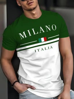 Italia Milano Letter Pattern 3D Prited Men's Tshirts Short Sleeve Casual Tops Mens O-neck T-shirt Boys Loose Streetwear