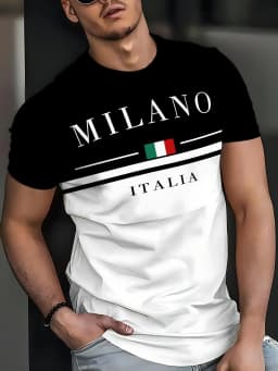 Italia Milano Letter Pattern 3D Prited Men's Tshirts Short Sleeve Casual Tops Mens O-neck T-shirt Boys Loose Streetwear