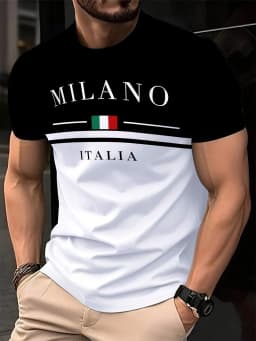 Italia Milano Letter Pattern 3D Prited Men's Tshirts Short Sleeve Casual Tops Mens O-neck T-shirt Boys Loose Streetwear