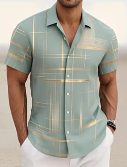 Summer Men's Geometric Grid Plaid Shirts Short SleeveTurndown Hawaiian Shirt Button Up Shirts No Pockets Shirts