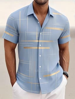 Summer Men's Geometric Grid Plaid Shirts Short SleeveTurndown Hawaiian Shirt Button Up Shirts No Pockets Shirts