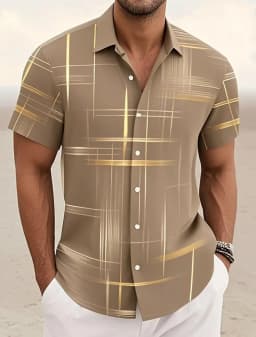 Summer Men's Geometric Grid Plaid Shirts Short SleeveTurndown Hawaiian Shirt Button Up Shirts No Pockets Shirts