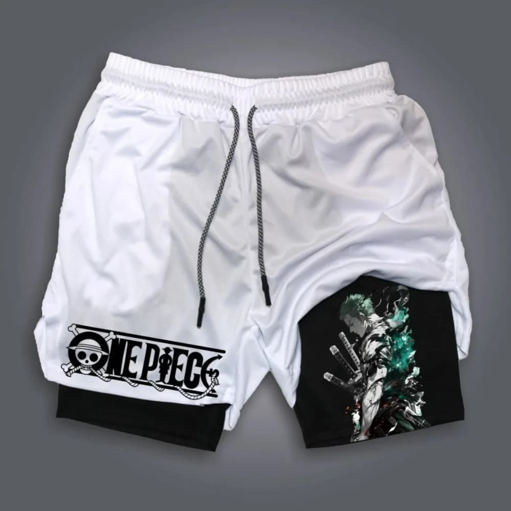 One Piece Men's Shorts Double Layer 2-in-1 Shorts Roronoa Zoro Japanese Anime Summer and Autumn Fake Two-piece Printed Shorts