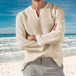 Men's Cotton Linen Shirt Cozy Solid Color Long Sleeve Breathable Tops V Neck Casual Blouse Hawaiian Shirt Lightweight Shirts