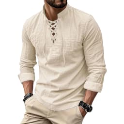Men's Vintage V-neck T-shirt Cotton Linen Pirate Medieval Viking Gothic Tops Shirts Long Sleeved Cospaly Halloween Party Top