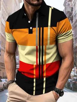 The 2025 Summer New Men's POLO Shirt Features a Casual Fashionable Comfortable and Breathable 3D Striped Pattern Print