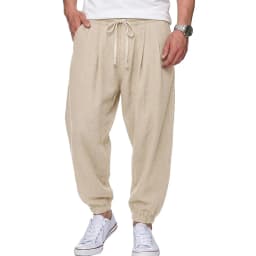 Mens Cotton Linen Trousers Casual Loose Fit Harem Pants Drawstring Bottoms for Spring Autumn Streetwear Joggers for Daily Wear