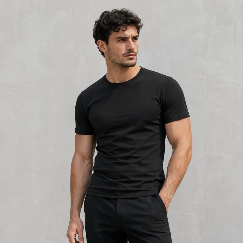 Men's Solid Black T Shirt Slim Fit Short Sleeve Crew Neck Summer Casual Basic Tee Breathable Fitness Streetwear Tops