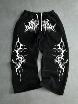 Men Gothic Vertical Graphic Wide Leg Sweatpants Drawstring Loose Straight Baggy Y2K Dark Punk Streetwear Pants.