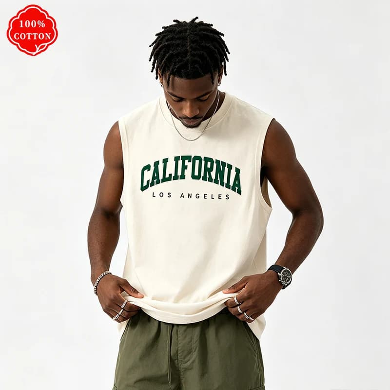 100% Pure Cotton Men's Summer Casual Loose California Pattern Printed Fitness Breathable Round Neck Sleeveless Vest-H13