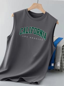 100% Pure Cotton Men's Summer Casual Loose California Pattern Printed Fitness Breathable Round Neck Sleeveless Vest-H13