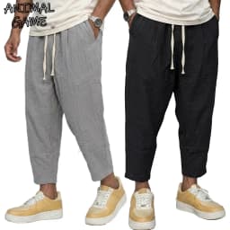 Men's Trousers Cotton Baggy Pants Casual Linen Pants Solid Color Breathable Loose Shorts Straight Drawstring Pants Gym Men Work