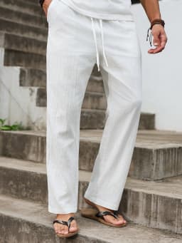 Autumn Winter New Linen Straight-Cut Leisure Pants for Men, Breathable Lightweight Beach-Style Cotton-Linen Long Pants