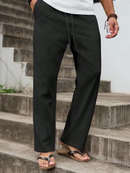 Autumn Winter New Linen Straight-Cut Leisure Pants for Men, Breathable Lightweight Beach-Style Cotton-Linen Long Pants