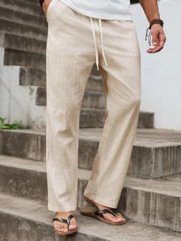 Autumn Winter New Linen Straight-Cut Leisure Pants for Men, Breathable Lightweight Beach-Style Cotton-Linen Long Pants