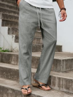 Autumn Winter New Linen Straight-Cut Leisure Pants for Men, Breathable Lightweight Beach-Style Cotton-Linen Long Pants