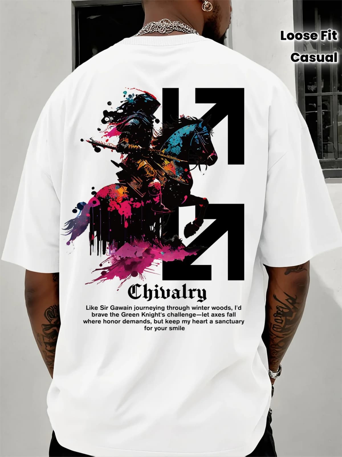 Mens Summer Casual Short-sleeved T-shirt with Knight and Axe Pattern Round Neck Design Loose Fit Comfortable Fabric Trendy Style