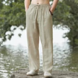 2025 summer men's cotton and linen oversized wide leg pants, men's artistic style elastic waist solid color casual loose pants
