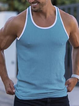 Men's quick drying elastic fitness clothes gym runningslim fit vertical stripessleeveless fashion summer new style