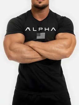 2026 New Summer Men's ALPHA Print Muscle T-Shirt Slim Fit Short Sleeve Breathable Quick Dry Gym Workout Fitness Casual Tops