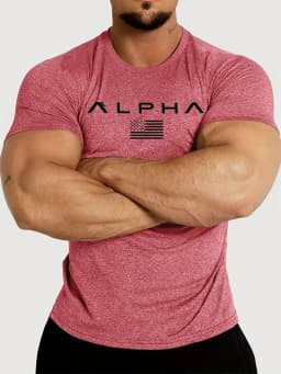 2026 New Summer Men's ALPHA Print Muscle T-Shirt Slim Fit Short Sleeve Breathable Quick Dry Gym Workout Fitness Casual Tops