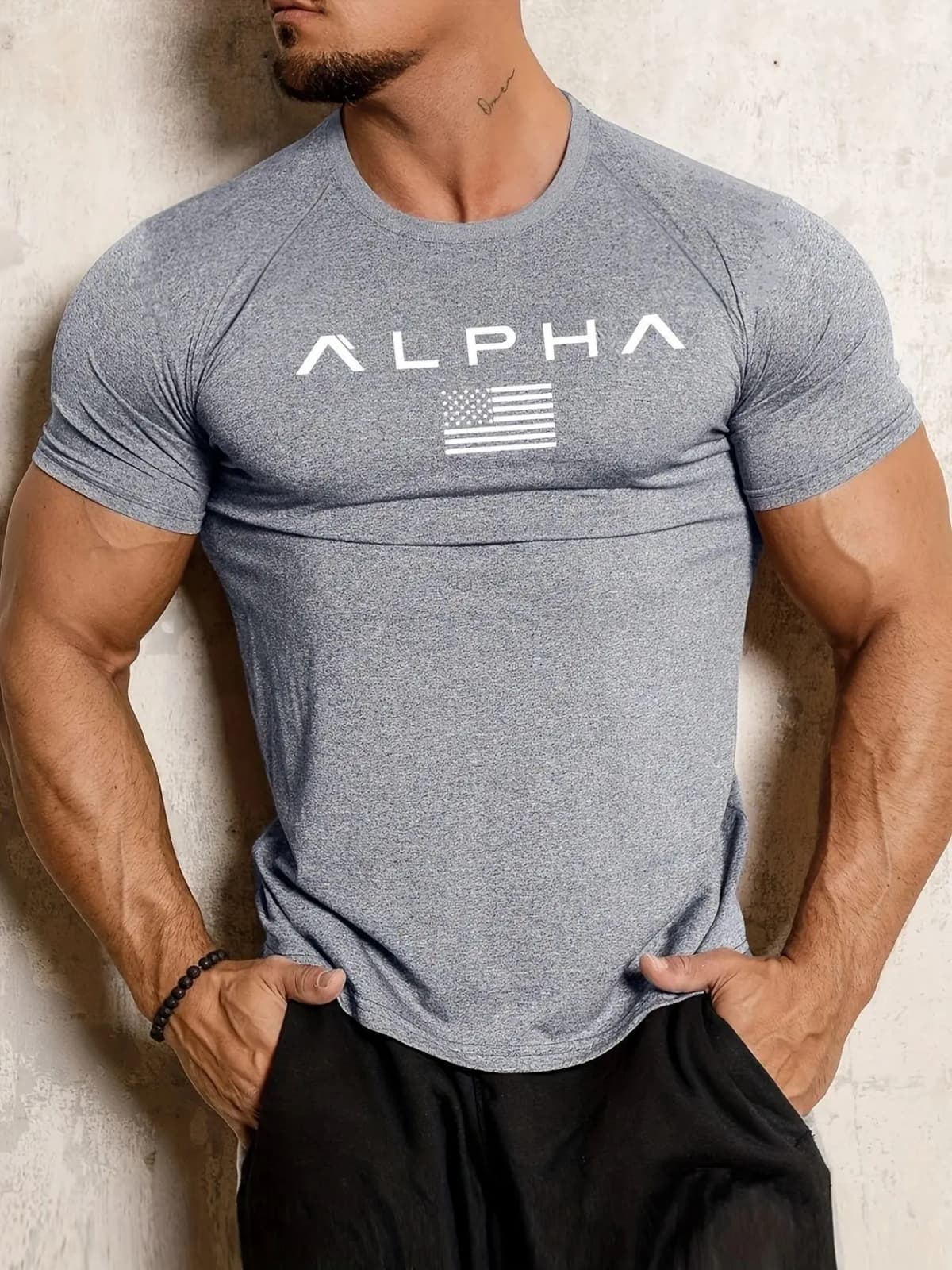 2026 New Summer Men's ALPHA Print Muscle T-Shirt Slim Fit Short Sleeve Breathable Quick Dry Gym Workout Fitness Casual Tops