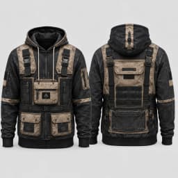 Mens 3D Printed Tactical Vest Look Hoodie Polyester Zip Up Sweatshirt Outdoor Streetwear Graphic Jacket with Faux Pocket