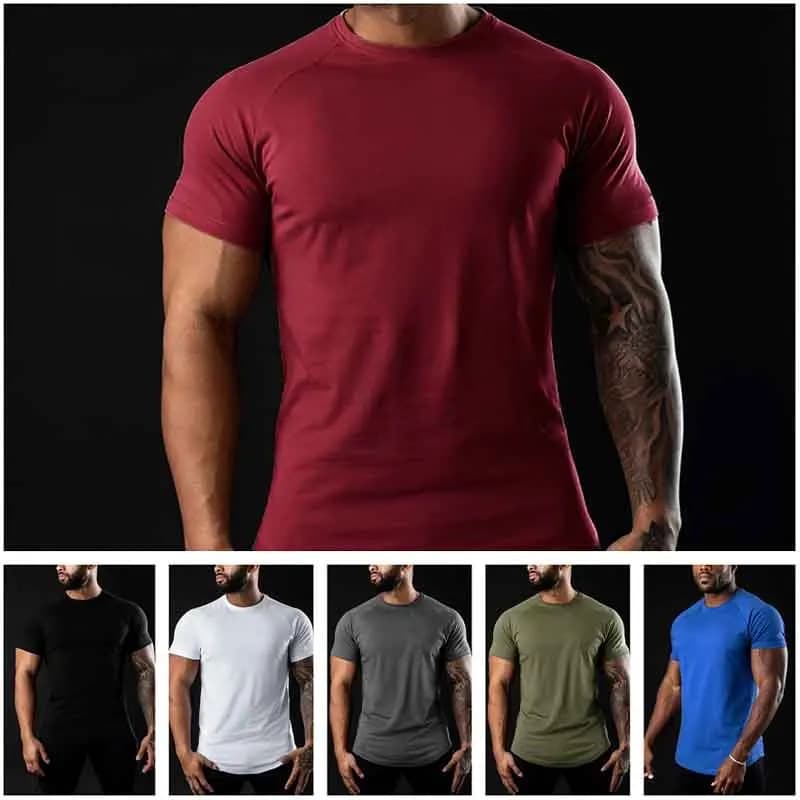 Men Cotton Gym t-Shirt Short Sleeve t-Shirts Male Round Neck Casual Tops Slim Fit t Shirt Breathable Soild Tee Shirt Man Clothes