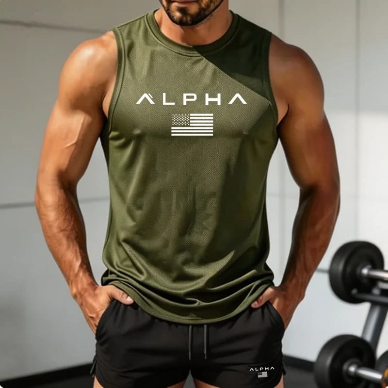 Summer Men Breathable Mesh Sleeveless Top Quick Dry Printed Tank Tops Gym Workout Running Training Sports Fitness SleevelessVest