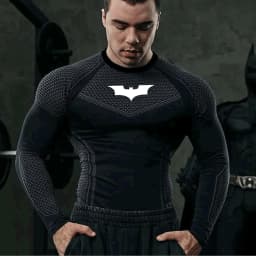 Men's Compression Long Sleeve Shirt Superhero Bat Print Workout Tops Breathable Quick Dry Athletic Base Layer for Gym Running Tr