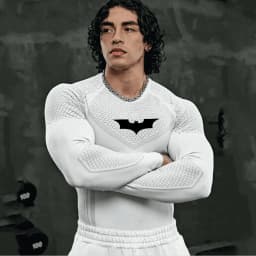 Men's Compression Long Sleeve Shirt Superhero Bat Print Workout Tops Breathable Quick Dry Athletic Base Layer for Gym Running Tr