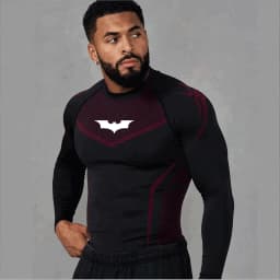 Men's Compression Long Sleeve Shirt Superhero Bat Print Workout Tops Breathable Quick Dry Athletic Base Layer for Gym Running Tr