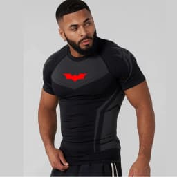 Men's Compression Long Sleeve Shirt Superhero Bat Print Workout Tops Breathable Quick Dry Athletic Base Layer for Gym Running Tr