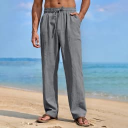 Men's Straight Leg Pants Cotton Linen Breathable Lightweight Solid Color Cozy Long Trousers Hawaiian Vacation Style Pants