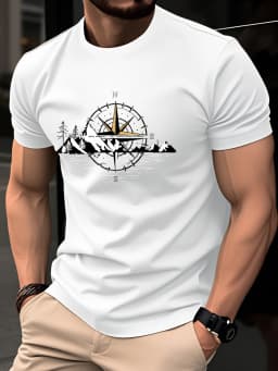 Men's Summer 100% Pure Cotton Casual Loose Black and White Lines Simple Geometric Pattern Round Neck Short Sleeved T-Shirt