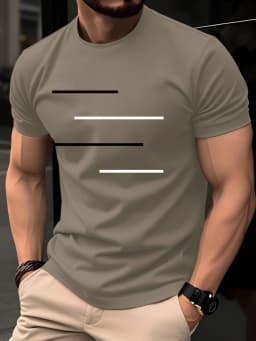 Men's Summer 100% Pure Cotton Casual Loose Black and White Lines Simple Geometric Pattern Round Neck Short Sleeved T-Shirt