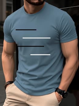 Men's Summer 100% Pure Cotton Casual Loose Black and White Lines Simple Geometric Pattern Round Neck Short Sleeved T-Shirt