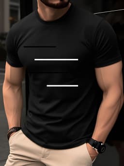 Men's Summer 100% Pure Cotton Casual Loose Black and White Lines Simple Geometric Pattern Round Neck Short Sleeved T-Shirt