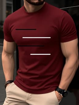 Men's Summer 100% Pure Cotton Casual Loose Black and White Lines Simple Geometric Pattern Round Neck Short Sleeved T-Shirt