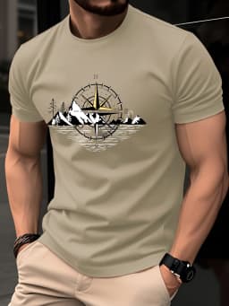 Men's Summer 100% Pure Cotton Casual Loose Black and White Lines Simple Geometric Pattern Round Neck Short Sleeved T-Shirt